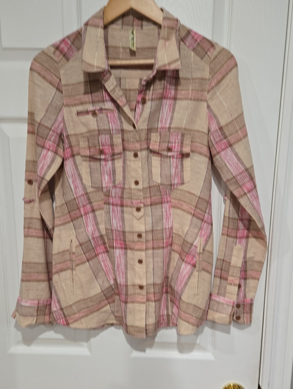 Women's Beige and Pink Plaid Button-Up Shirt Jacket